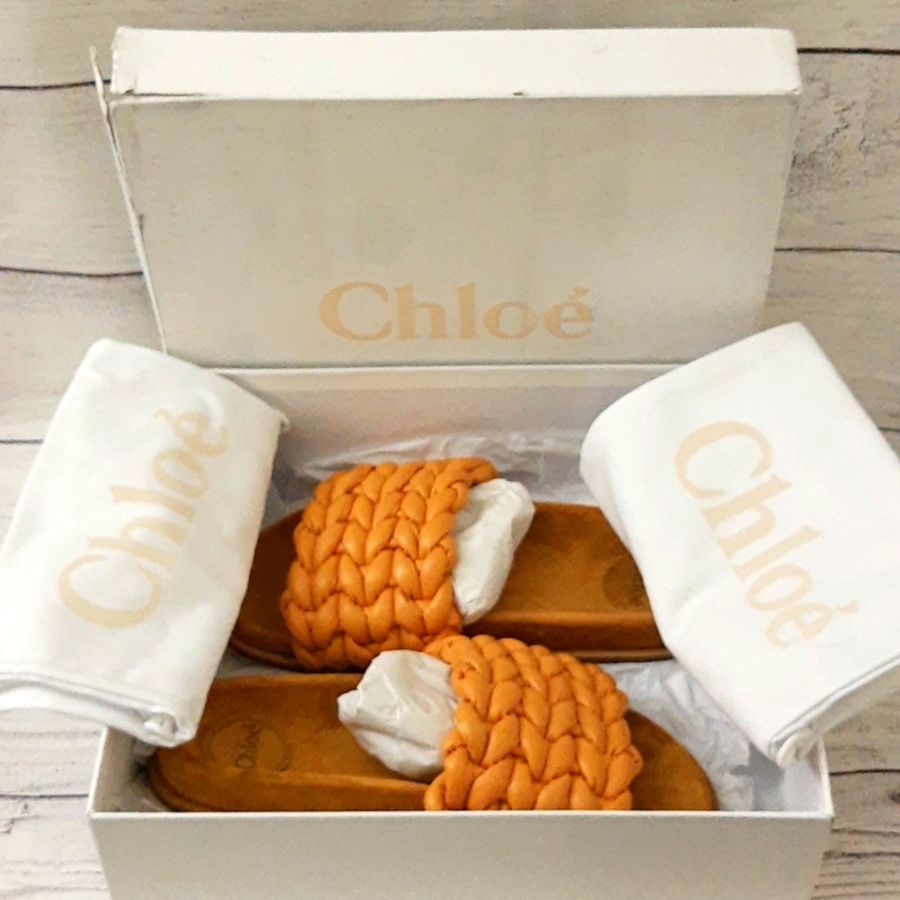 Chloe Kacey Braided Leather Slide Sandal Saffron Orange 38W NEW *BOX DAMAGE*